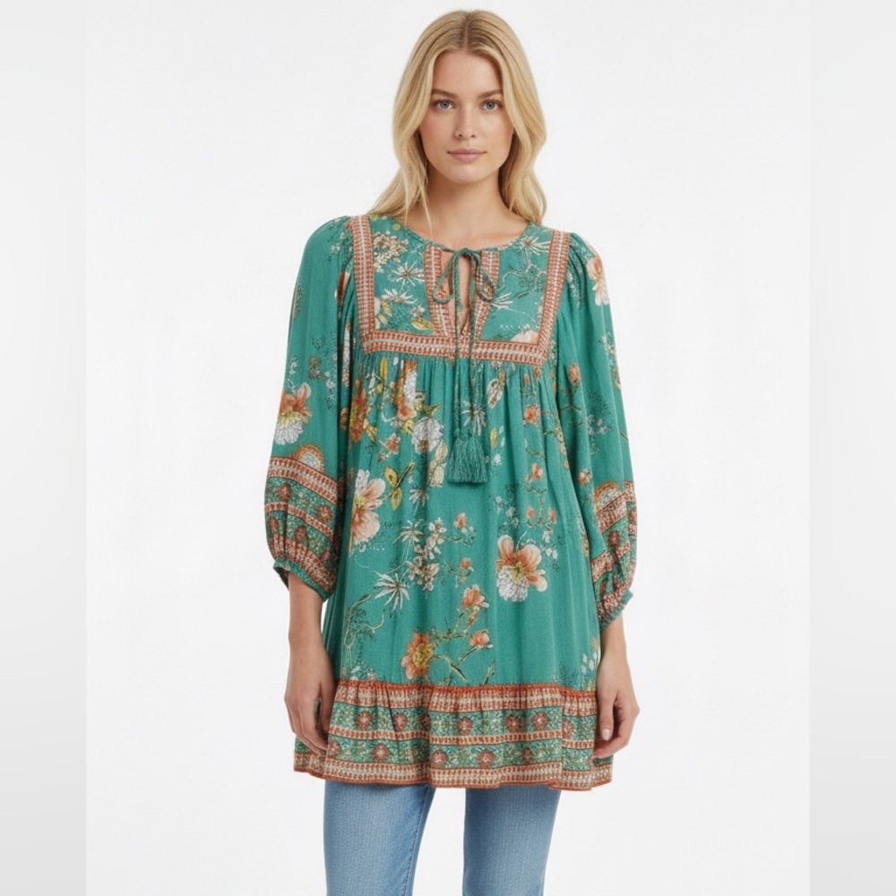 Rachel Zoe Floral Peasant Blouse NWT Small Deep Green 3/4 Sleeve